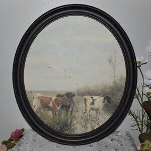 Rustic Country Farmhouse Cow Landscape Canvas Art Black Oval Wood Frame Decor
